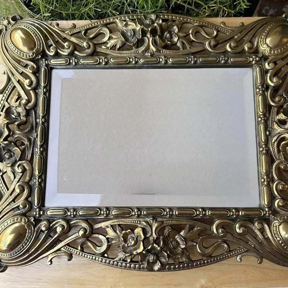 Victorian Antique Art Nouveau Frame Bevel Mirror‎ 16.5x13 Inch Ornate Bronze
